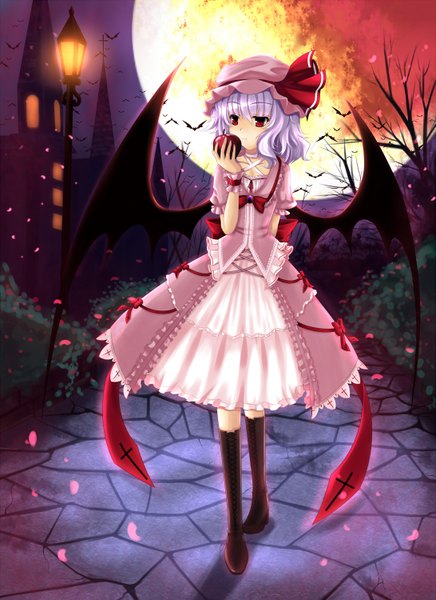 Anime picture 1091x1500 with touhou remilia scarlet cloudy.r single tall image short hair red eyes white hair night demon wings red moon girl dress plant (plants) wings tree (trees) boots headdress moon fruit