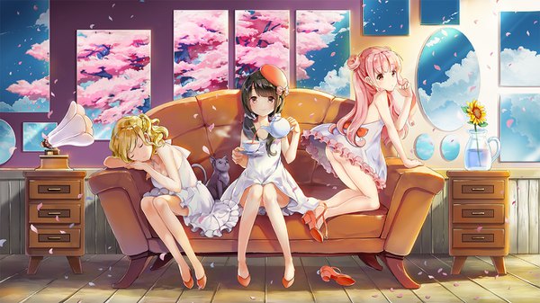 Anime picture 1366x768 with original sibyl long hair looking at viewer blush short hair light erotic blonde hair smile brown hair wide image sitting bare shoulders multiple girls holding brown eyes pink hair sky cloud (clouds) ass
