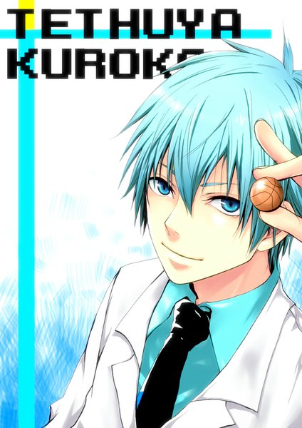 Anime picture 595x841 with kuroko no basket production i.g kuroko tetsuya heine (pixiv829991) single tall image looking at viewer fringe short hair blue eyes smile hair between eyes blue hair upper body from above character names boy uniform school uniform necktie