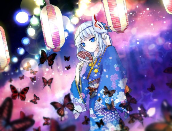 Anime picture 1886x1438 with original ao aka maou single long hair fringe highres blue eyes standing white hair long sleeves traditional clothes japanese clothes hair flower wide sleeves light glow mask on head girl hair ornament flower (flowers)