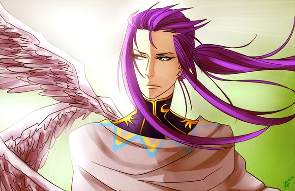 Anime picture 1131x734 with vocaloid kamui gakupo devianttear (artist) single long hair blue eyes looking away purple hair ponytail wind boy earrings wings cape