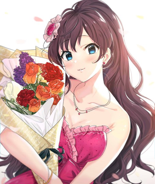 Anime picture 1500x1776 with idolmaster idolmaster cinderella girls ichinose shiki tomato omurice melon single long hair tall image looking at viewer blush fringe breasts blue eyes simple background smile hair between eyes brown hair white background bare shoulders holding cleavage