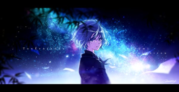 Anime picture 1600x827 with touken ranbu nitroplus honebami toushirou mokoppe single long hair looking at viewer fringe wide image signed blue hair looking back wind copyright name character names tears lens flare letterboxed sad boy