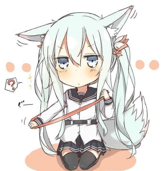 Anime picture 815x853 with kantai collection hibiki destroyer verniy destroyer nonono (mino) single long hair tall image blush fringe simple background hair between eyes white background sitting twintails holding animal ears looking away tail long sleeves animal tail