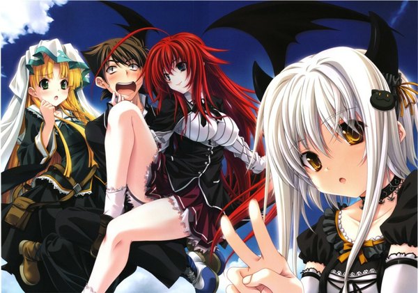 Anime picture 1024x719 with highschool dxd rias gremory asia argento toujou koneko hyoudou issei miyama zero long hair looking at viewer blush short hair open mouth blonde hair brown hair sitting multiple girls green eyes yellow eyes sky silver hair red hair