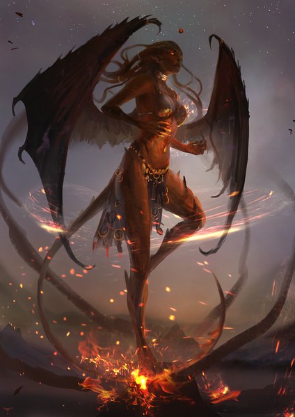 Anime picture 707x1000 with original telthona single long hair tall image red eyes tail pointy ears demon girl flying demon tail demon wings girl navel wings collar bikini top fire