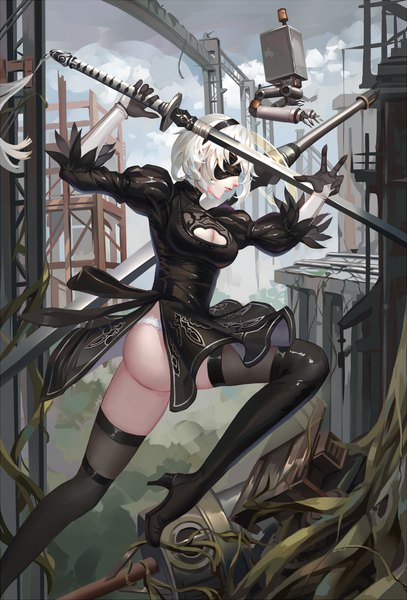 Anime picture 1356x2000 with nier nier:automata yorha no. 2 type b pod (nier:automata) aaeru single tall image breasts light erotic holding cleavage cloud (clouds) bent knee (knees) outdoors white hair long sleeves profile lips arms up high heels