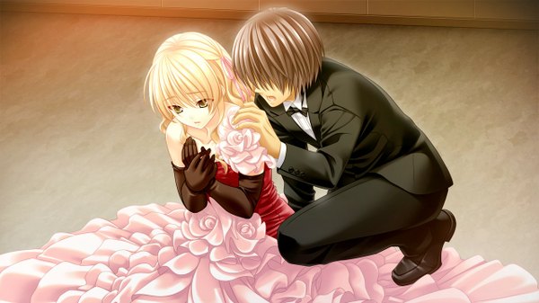Anime picture 1280x720 with morobito kozorite (game) long hair short hair open mouth blonde hair brown hair wide image green eyes game cg couple girl dress boy