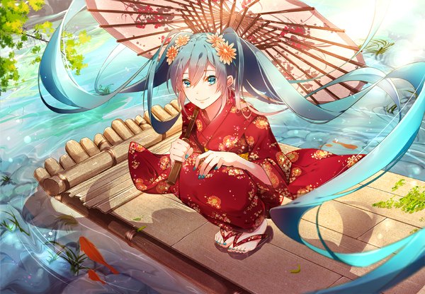 Anime picture 1000x694 with vocaloid hatsune miku phino (jinko0094) single looking at viewer fringe twintails very long hair nail polish traditional clothes japanese clothes hair flower aqua eyes wide sleeves floral print squat happy birthday aqua nail polish toenail polish girl