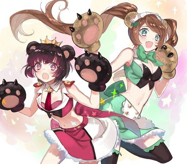 Anime picture 1136x1000 with yuri kuma arashi yurishiro ginko yurigasaki lulu buun ko long hair blush short hair open mouth black hair brown hair standing twintails bare shoulders multiple girls green eyes animal ears bent knee (knees) pink eyes teeth bare belly