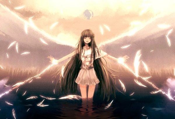 Anime picture 1200x816 with original caoth (artist) single long hair brown hair eyes closed angel wings girl water chain feather (feathers) sundress shackles