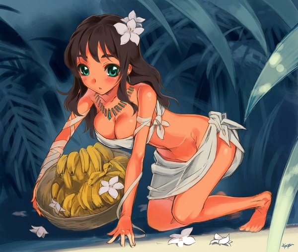 Anime picture 1180x1000 with kayou (kayou-bi) looking at viewer blush breasts light erotic brown hair large breasts hair flower aqua eyes on all fours girl hair ornament flower (flowers) jewelry fruit banana