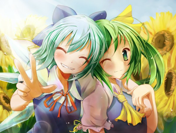 Anime picture 1025x778 with touhou cirno daiyousei scarlet (studioscr) one side up fairy girl
