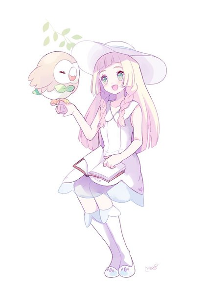 Anime picture 600x851 with pokemon pokemon sm nintendo lillie (pokemon) rowlet mei (maysroom) single long hair tall image open mouth simple background blonde hair white background sitting green eyes signed payot looking away full body braid (braids)