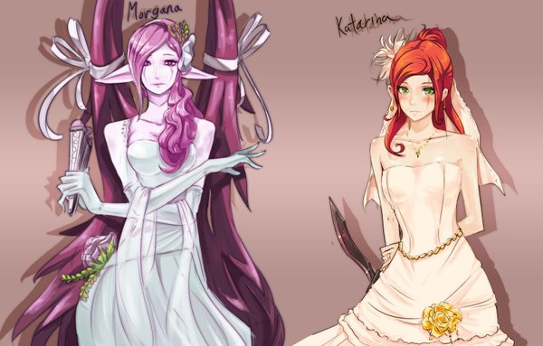 Anime picture 1564x1000 with league of legends katarina (league of legends) morgana (league of legends) long hair simple background purple eyes green eyes purple hair red hair pointy ears crossed arms hands behind back dress bow wings necklace fan knife wedding dress closed fan