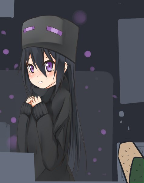 Anime picture 950x1200 with minecraft enderman uke (artist) single long hair tall image blush black hair purple eyes personification girl hat headdress sweater teardrop