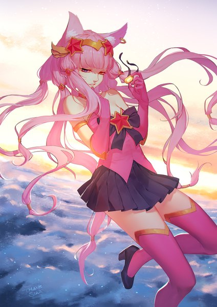 Anime picture 1447x2047 with league of legends rengar (league of legends) daye bie qia lian single long hair tall image looking at viewer fringe smile red eyes purple eyes signed animal ears pink hair sky cloud (clouds) bent knee (knees) blunt bangs parted lips pleated skirt