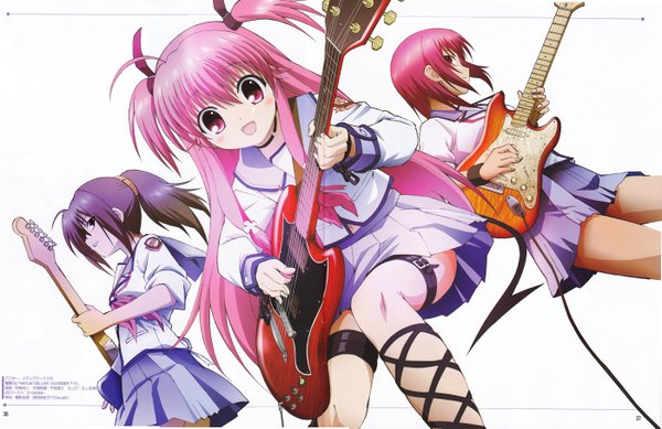 Anime picture 1400x909 with angel beats! key (studio) yui (angel beats!) iwasawa masami hisako (angel beats!) long hair short hair black hair multiple girls pink hair ponytail pink eyes scan two side up girl serafuku 3 girls guitar