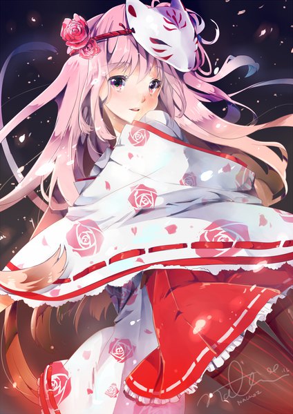 Anime picture 800x1131 with original nachooz single long hair tall image looking at viewer blush fringe hair between eyes signed pink hair traditional clothes parted lips japanese clothes pink eyes hair flower wide sleeves turning head floral print mask on head