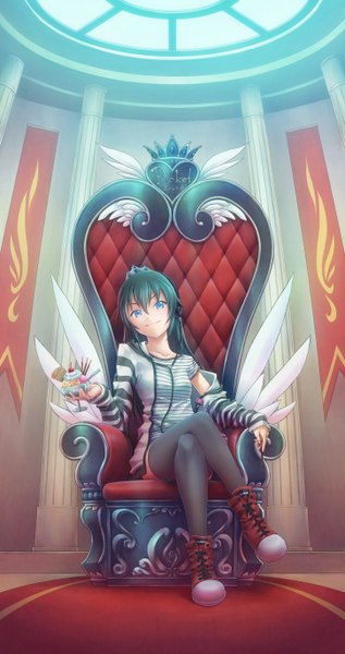 Anime picture 2894x5469 with original silveria nicca (kid nicca) single long hair tall image looking at viewer blush highres blue eyes smile sitting green hair crossed legs striped girl thighhighs black thighhighs food shoes