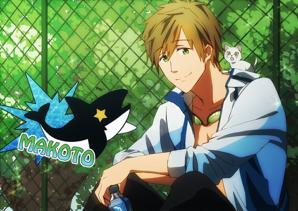Anime picture 1000x707 with free! kyoto animation pixiv tachibana makoto tierra818 single looking at viewer short hair smile brown hair sitting green eyes character names text boy animal cat goggles fence