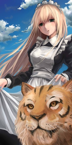 Anime picture 1476x2952 with ex (artist) long hair tall image blonde hair green eyes cloud (clouds) maid girl headdress maid headdress tiger