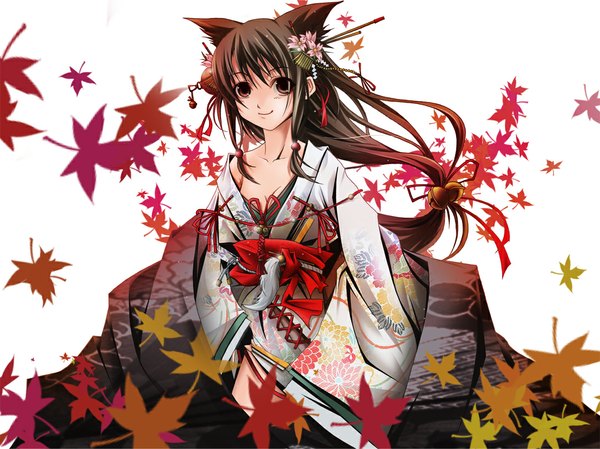 Anime picture 1091x817 with single long hair black hair smile animal ears japanese clothes hair flower girl hair ornament leaf (leaves) bell yukata