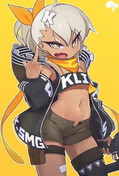 Anime picture 743x1100 with girls frontline klin (girls frontline) krokobyaka single tall image looking at viewer open mouth simple background ponytail grey eyes loli dark skin yellow background middle finger girl navel ribbon (ribbons) weapon hair ribbon detached sleeves