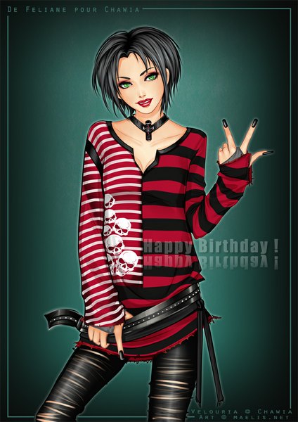 Anime picture 778x1100 with original m-aelis single tall image looking at viewer short hair black hair simple background green eyes signed nail polish fingernails lips lipstick watermark long fingernails red lipstick black nail polish happy birthday girl