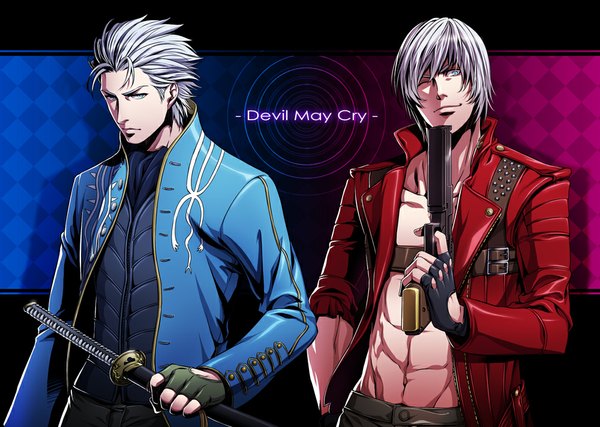 Anime picture 1000x713 with devil may cry dante (devil may cry) vergil red lian short hair blue eyes standing silver hair one eye closed wink inscription open clothes open jacket multiple boys couple twins twisty sleeves rhombus boy navel