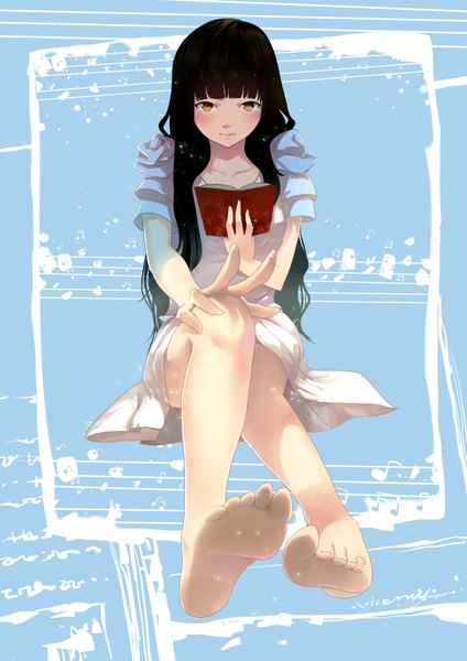Anime picture 2480x3507 with exe336 single long hair tall image looking at viewer blush fringe highres black hair sitting brown eyes barefoot legs blue background hand on knee girl dress book (books)
