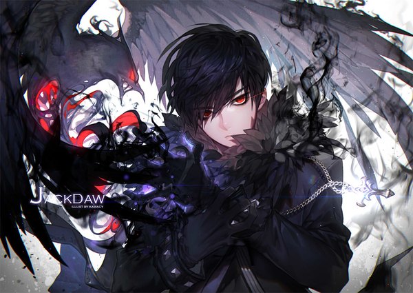 Anime picture 1024x726 with herowarz jackdaw kawacy single fringe short hair black hair simple background hair between eyes red eyes white background signed payot looking away upper body ahoge head tilt lips character names magic
