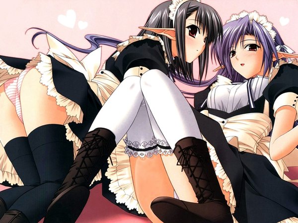 Anime picture 1093x819 with shuffle! tick! tack! ai (tick! tack!) sage (tick! tack!) suzuhira hiro light erotic black hair smile red eyes sitting blue hair ass maid on all fours thighhighs skirt underwear panties miniskirt boots