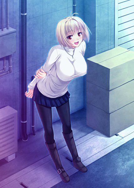 Anime picture 726x1017 with shingetsutan tsukihime tsukihime (remake) type-moon arcueid brunestud miyai max single tall image looking at viewer blush short hair breasts open mouth light erotic blonde hair red eyes large breasts girl skirt pantyhose boots