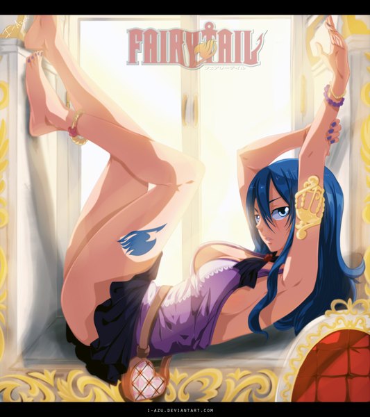 Anime picture 1605x1806 with fairy tail juvia lockser i-azu single long hair tall image breasts blue eyes light erotic large breasts blue hair nail polish pleated skirt sunlight inscription arms up armpit (armpits) tattoo legs coloring