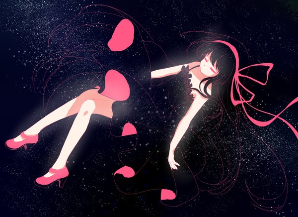 Anime picture 2031x1476 with mahou shoujo madoka magica shaft (studio) akemi homura transistor (poppy) single long hair highres black hair eyes closed legs dark background starry sky print double exposure girl dress shoes hairband