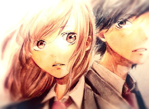 Anime picture 1386x1014 with ao haru ride yoshioka futaba mabuchi kou tagme (artist) looking at viewer fringe short hair open mouth black hair brown eyes looking away lips orange hair orange eyes girl boy uniform school uniform shirt necktie