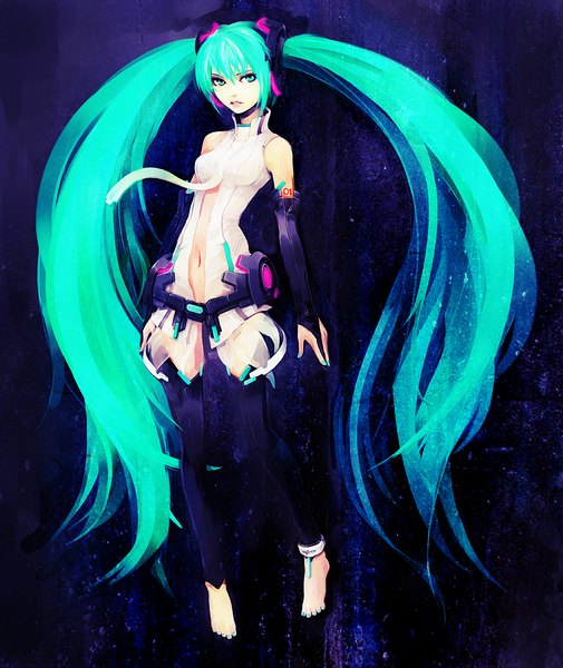 Anime picture 1010x1200 with vocaloid vocaloid append hatsune miku hatsune miku (append) hironox single long hair tall image light erotic twintails full body very long hair nail polish barefoot aqua eyes aqua hair zettai ryouiki aqua nail polish toenail polish girl
