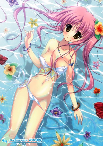 Anime picture 2474x3500 with original mitsui mana single long hair tall image looking at viewer blush highres breasts light erotic twintails brown eyes pink hair lying hair flower girl navel hair ornament flower (flowers) swimsuit