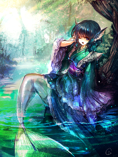 Anime picture 852x1129 with touhou wakasagihime cis (carcharias) single tall image short hair open mouth sitting purple eyes signed traditional clothes japanese clothes one eye closed wink wet adjusting hair girl plant (plants) tree (trees) water