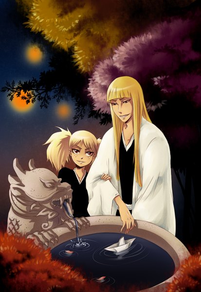 Anime picture 2085x3024 with bleach studio pierrot hirako shinji sarugaki hiyori rudaxena long hair tall image fringe highres blonde hair smile red eyes standing twintails brown eyes traditional clothes japanese clothes night night sky couple