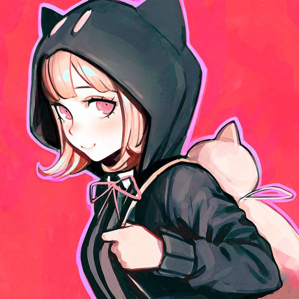 Anime picture 1080x1080 with dangan ronpa super dangan ronpa 2 nanami chiaki ilya kuvshinov single looking at viewer fringe short hair simple background smile animal ears pink hair upper body blunt bangs pink eyes cat ears pink background animal hood girl hood