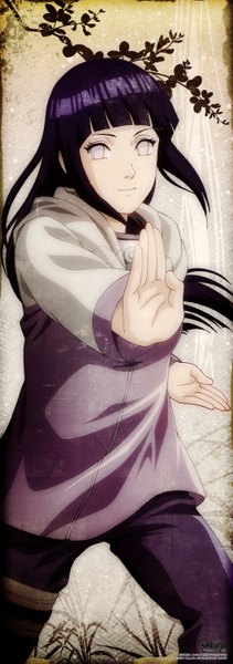 Anime picture 2120x6030 with naruto studio pierrot naruto (series) hyuuga hinata single long hair tall image looking at viewer highres black hair profile light smile white eyes no pupils girl petals