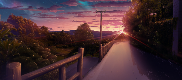 イラスト 1031x458 と オリジナル 星月灵 wide image 空 cloud (clouds) outdoors sunlight evening reflection sunset horizon mountain no people landscape sunbeam 植物 木 道