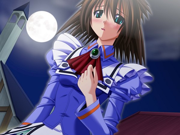 Anime picture 1024x768 with axia (game) brown hair green eyes game cg night girl moon