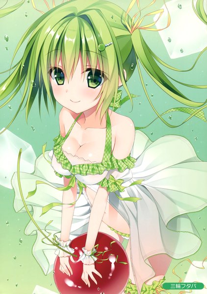 Anime picture 2463x3500 with melonbooks futaba miwa single long hair tall image looking at viewer blush highres light erotic smile twintails green eyes cleavage green hair scan pantyshot girl dress underwear panties