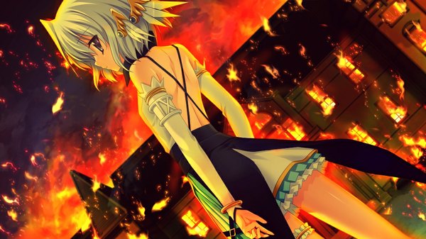 Anime picture 1024x576 with shion no ketsuzoku (game) short hair blue eyes wide image game cg white hair girl fire