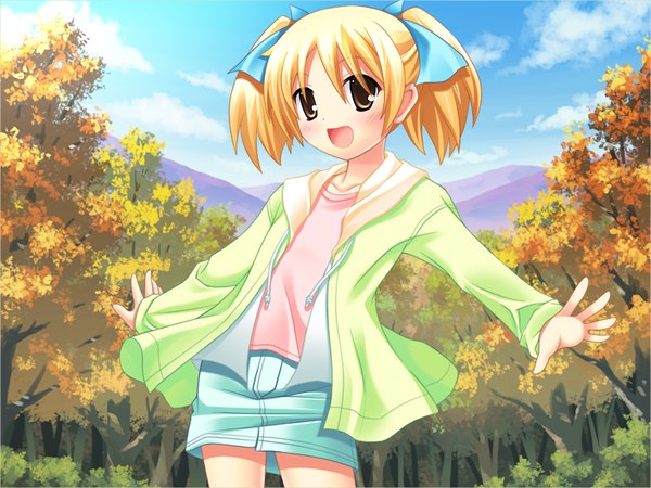 Anime picture 1024x768 with green strawberry single open mouth blonde hair smile twintails brown eyes game cg loli short twintails girl ribbon (ribbons) hair ribbon