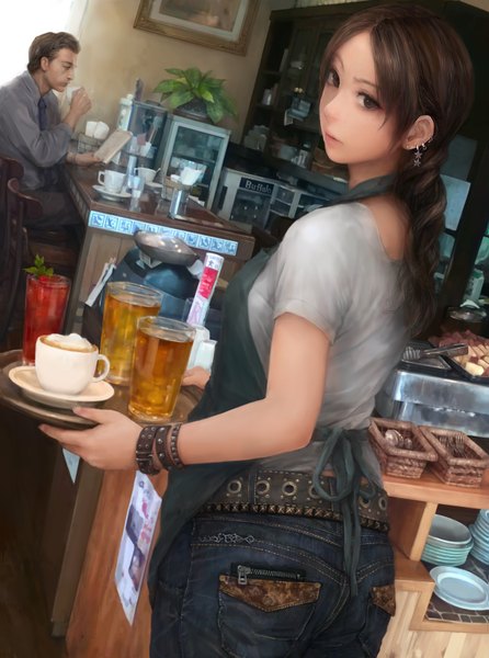 Anime picture 1242x1670 with original misshu long hair tall image short hair brown hair brown eyes girl boy earrings bracelet apron t-shirt cup alcohol jeans beer bar