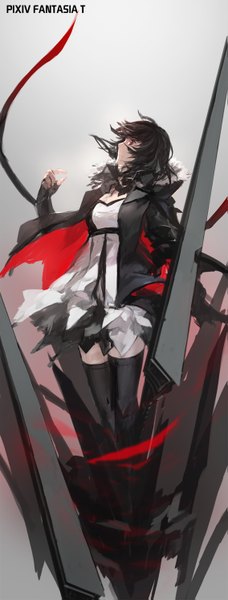 Anime picture 567x1487 with original pixiv fantasia pixiv fantasia t swd3e2 single tall image looking at viewer fringe short hair black hair red eyes standing open clothes open jacket girl thighhighs dress ribbon (ribbons) black thighhighs jacket